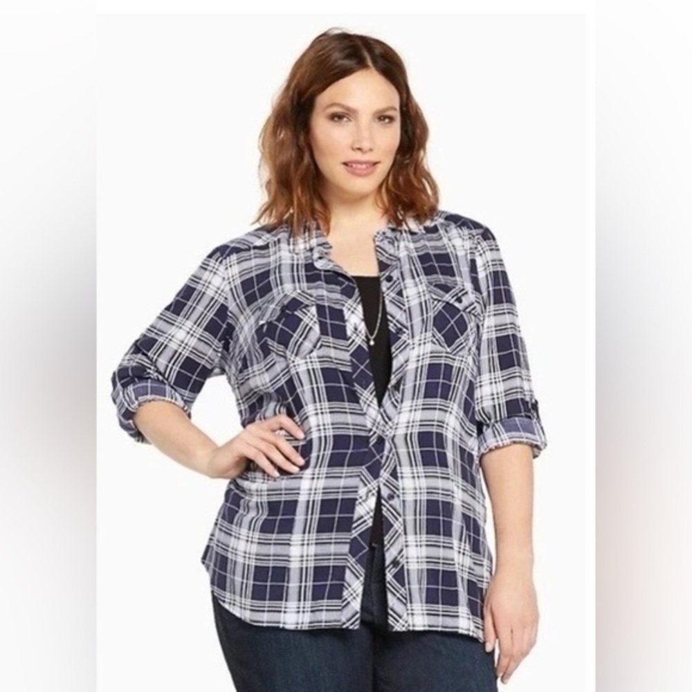 Torrid Challis Button Down Long Sleeve Camp Shirt Blue Plaid Plus Size 2X